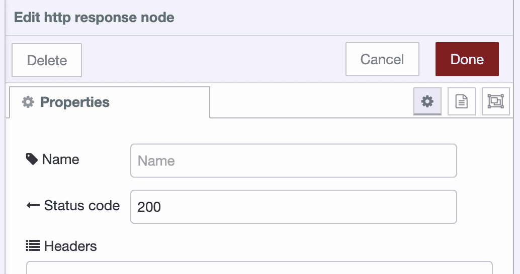 Configuring the status node to set the response to 200 "Configuring the status node to set the response to 200"